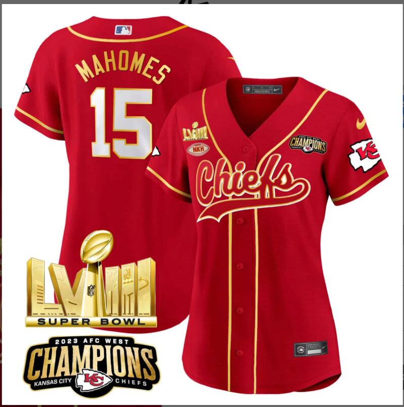 Women Kansas City Chiefs 15 Mahomes AFC West Champions Super Bowl LVIII Gold Patch 2024 NFL Nike red jerseys